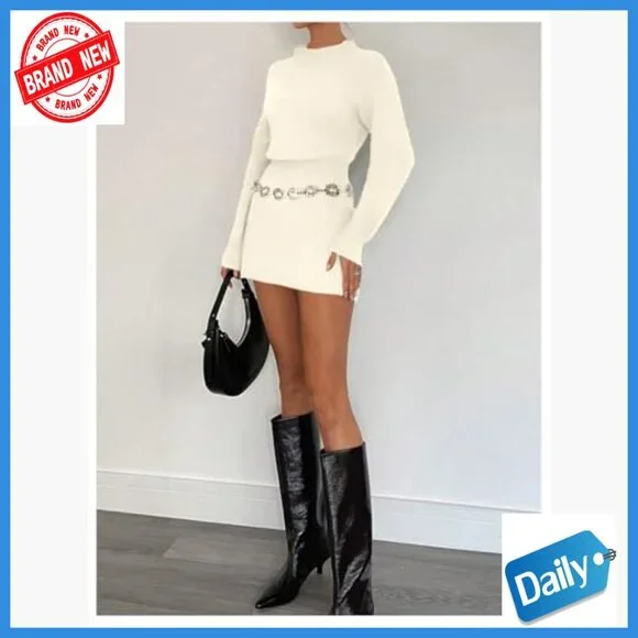 Long Sleeve Mock Neck Sweater Dress Shirred Office Mini A-Line - Picture 2 of 4